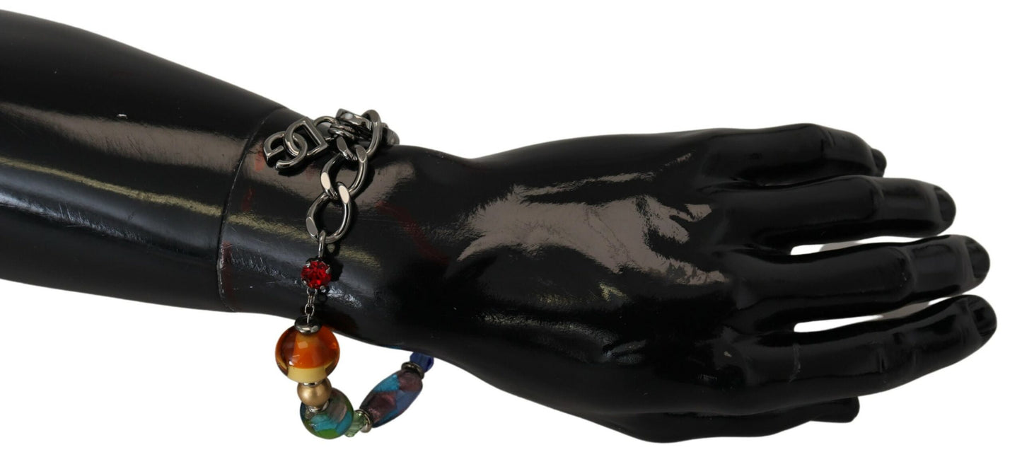 Bracelet Dolce & Gabbana multicolore en laiton avec perles et chaîne argentée et fermoir mousqueton