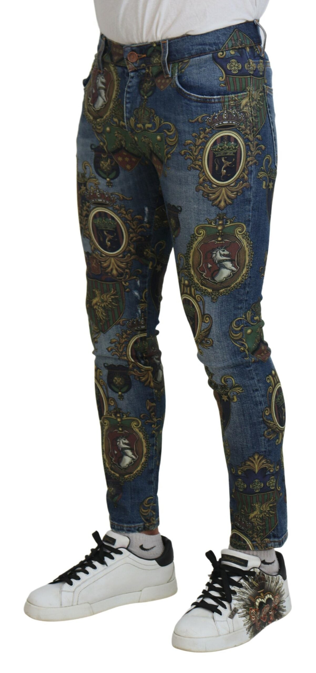Jean slim en coton imprimé médailles Dolce & Gabbana bleu
