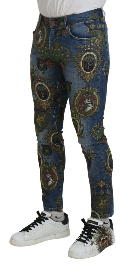 Jean slim en coton imprimé médailles Dolce & Gabbana bleu