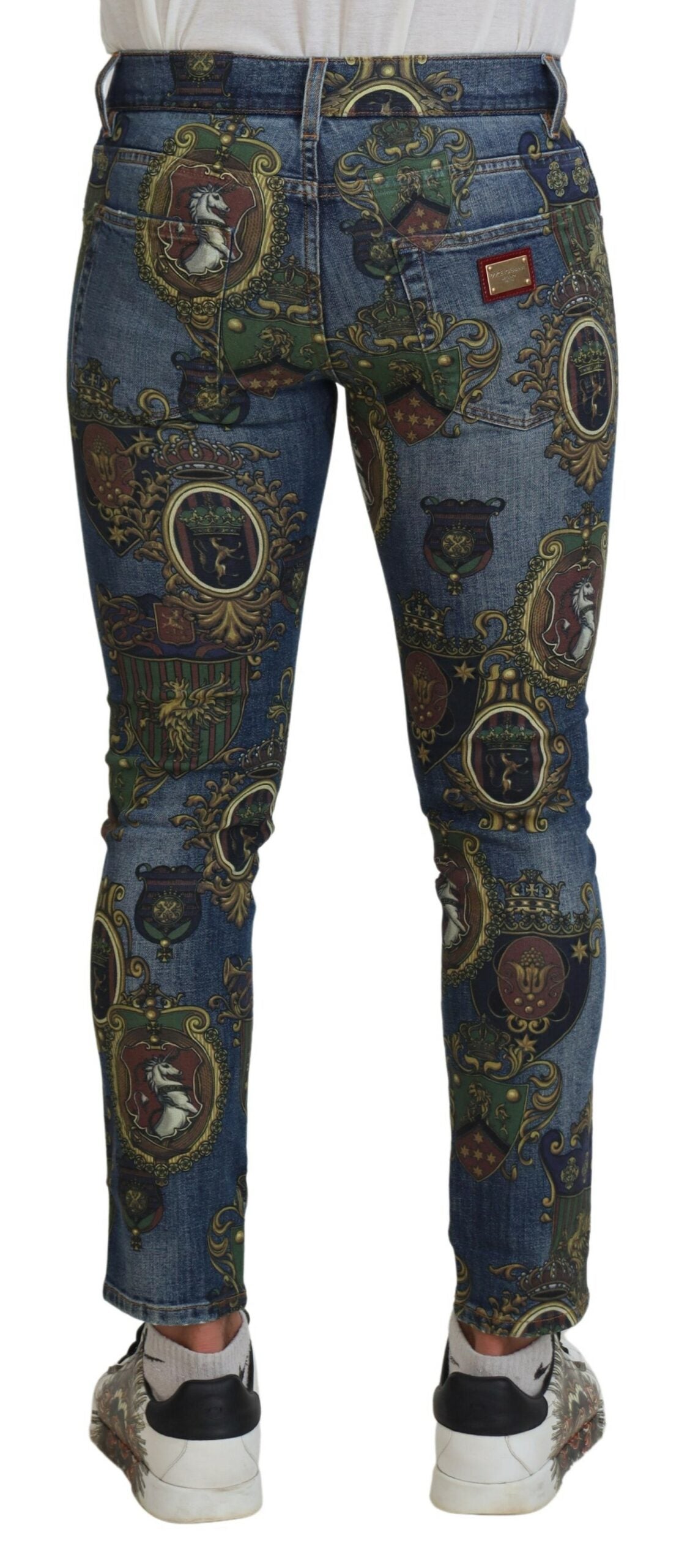 Jean slim en coton imprimé médailles Dolce & Gabbana bleu