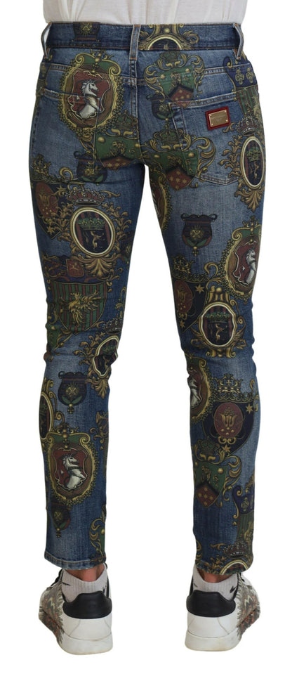 Jean slim en coton imprimé médailles Dolce & Gabbana bleu