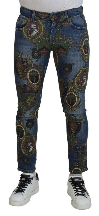 Jean slim en coton imprimé médailles Dolce & Gabbana bleu