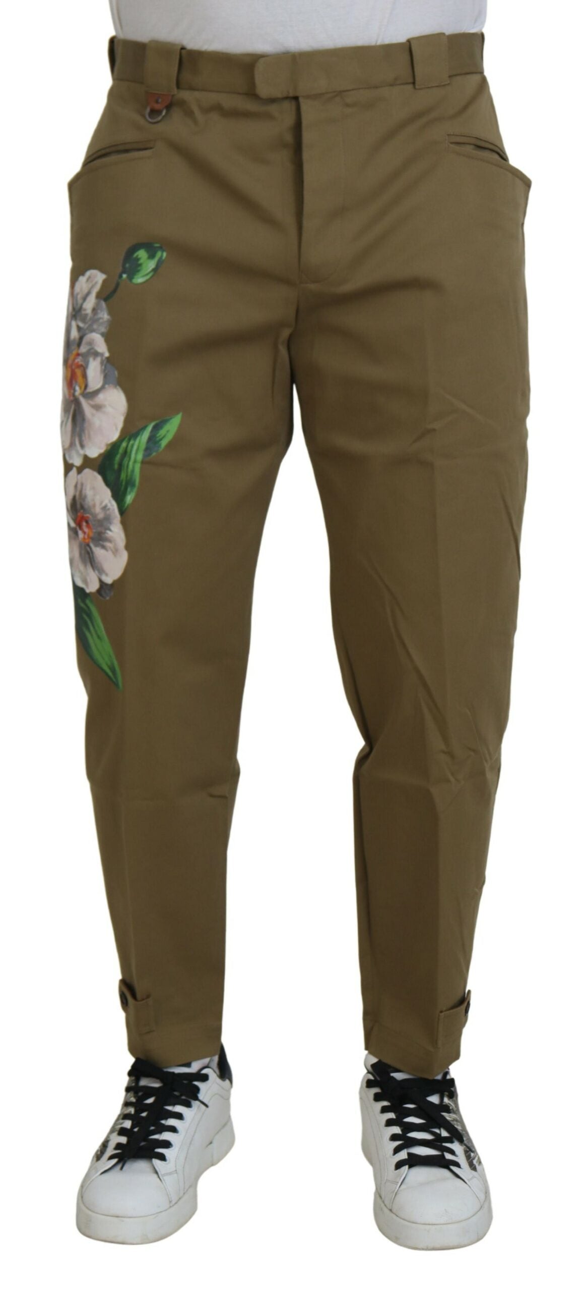 Dolce & Gabbana Pantalon Chino Fleurie Beige en Coton Stretch