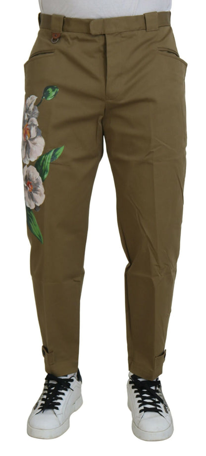 Dolce & Gabbana Pantalon Chino Fleurie Beige en Coton Stretch