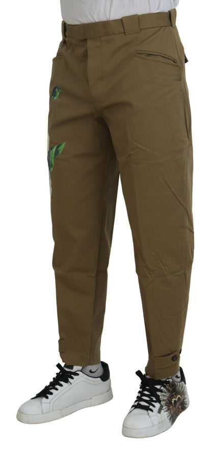 Dolce & Gabbana Pantalon Chino Fleurie Beige en Coton Stretch