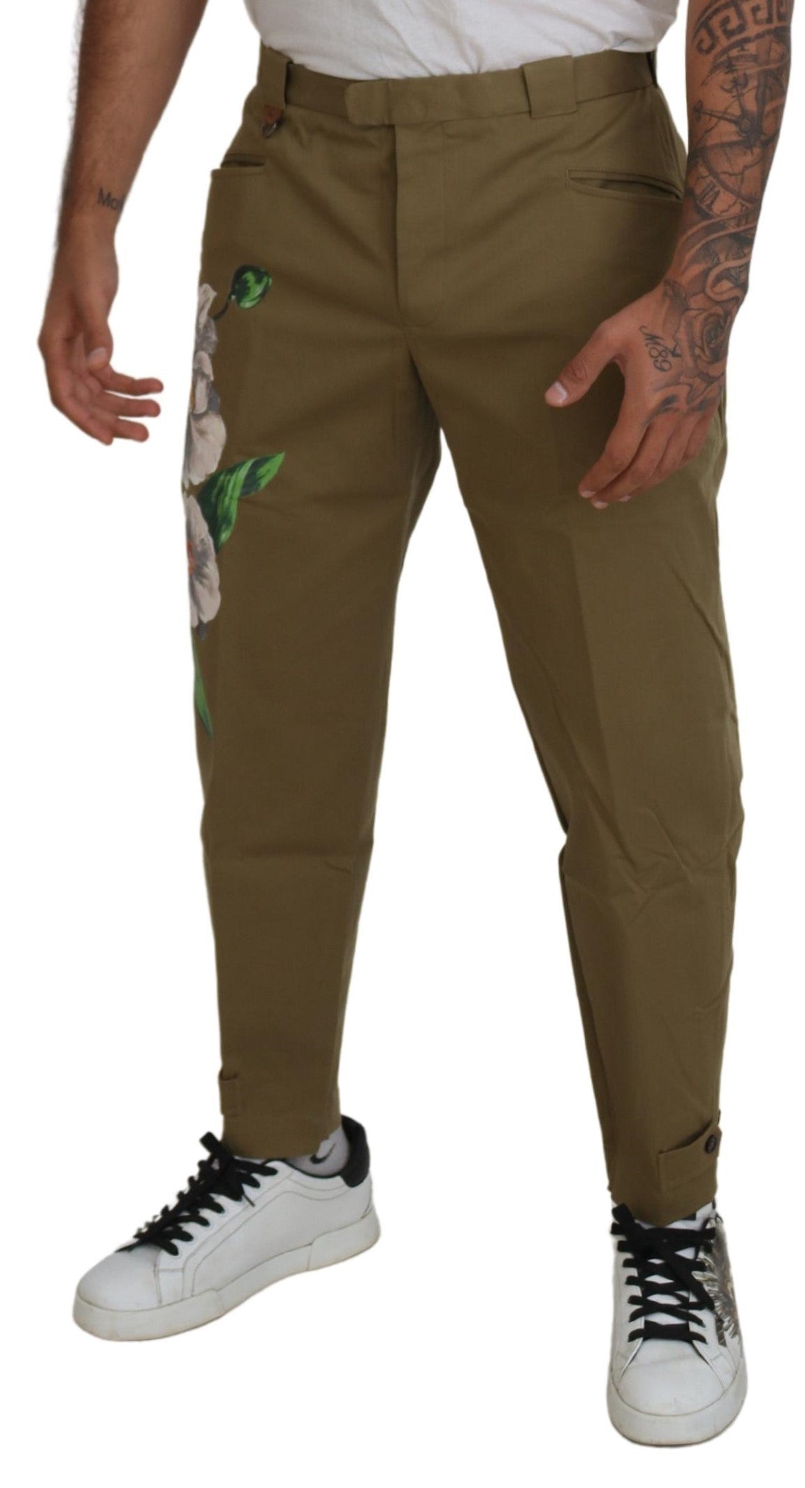 Dolce & Gabbana Pantalon Chino Fleurie Beige en Coton Stretch