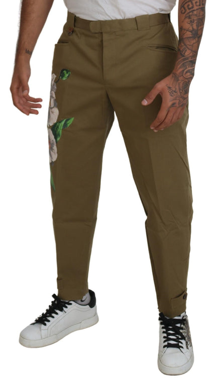 Dolce & Gabbana Pantalon Chino Fleurie Beige en Coton Stretch