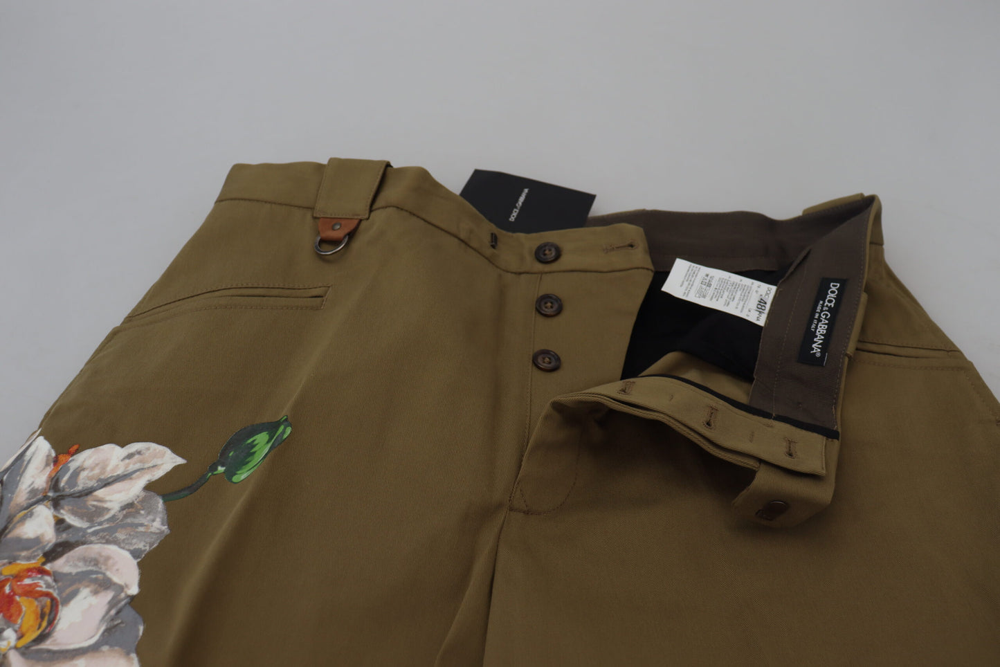 Dolce & Gabbana Pantalon Chino Fleurie Beige en Coton Stretch