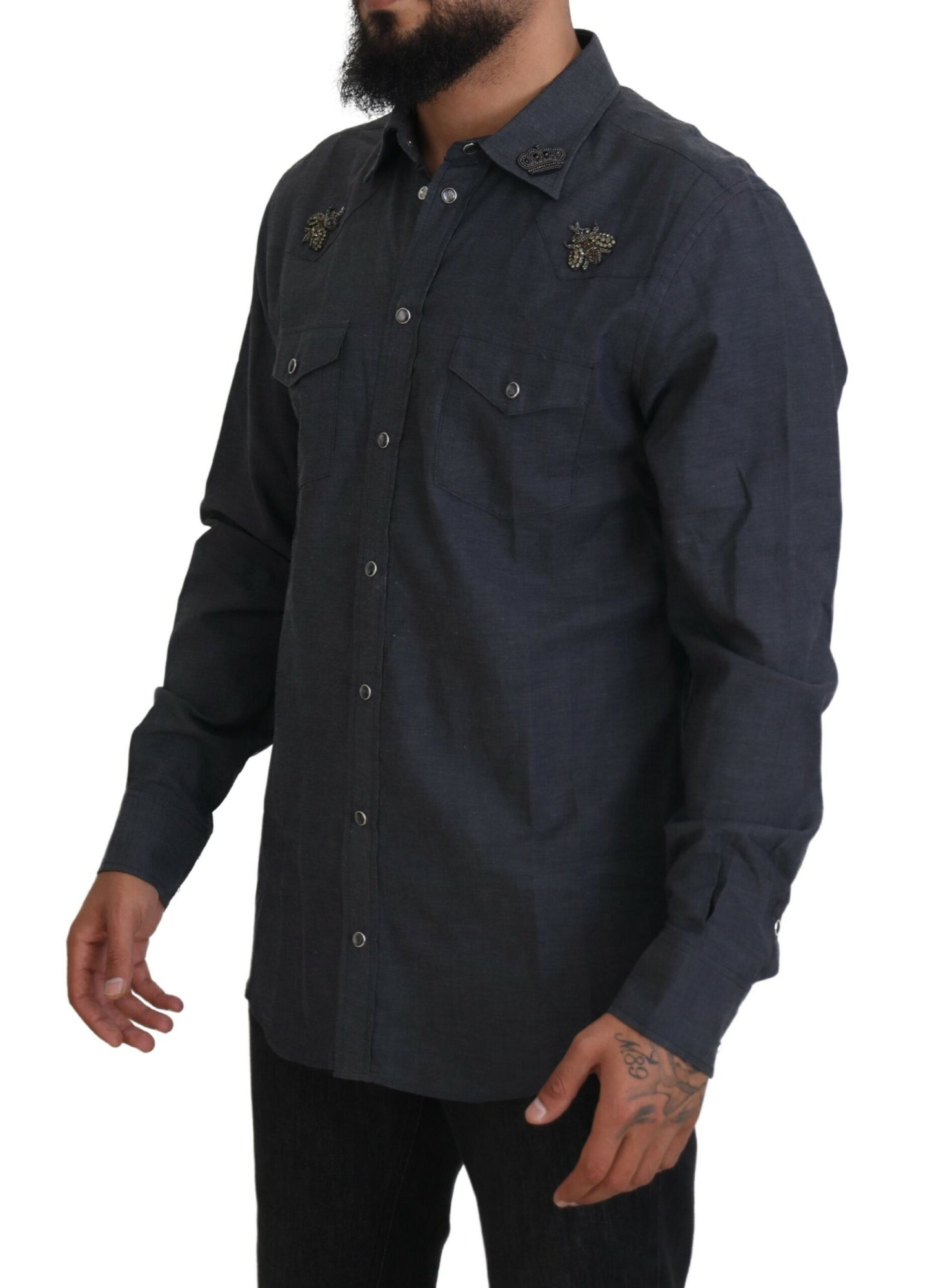 Chemise Dolce & Gabbana en jean de coton bleu avec abeille en cristal