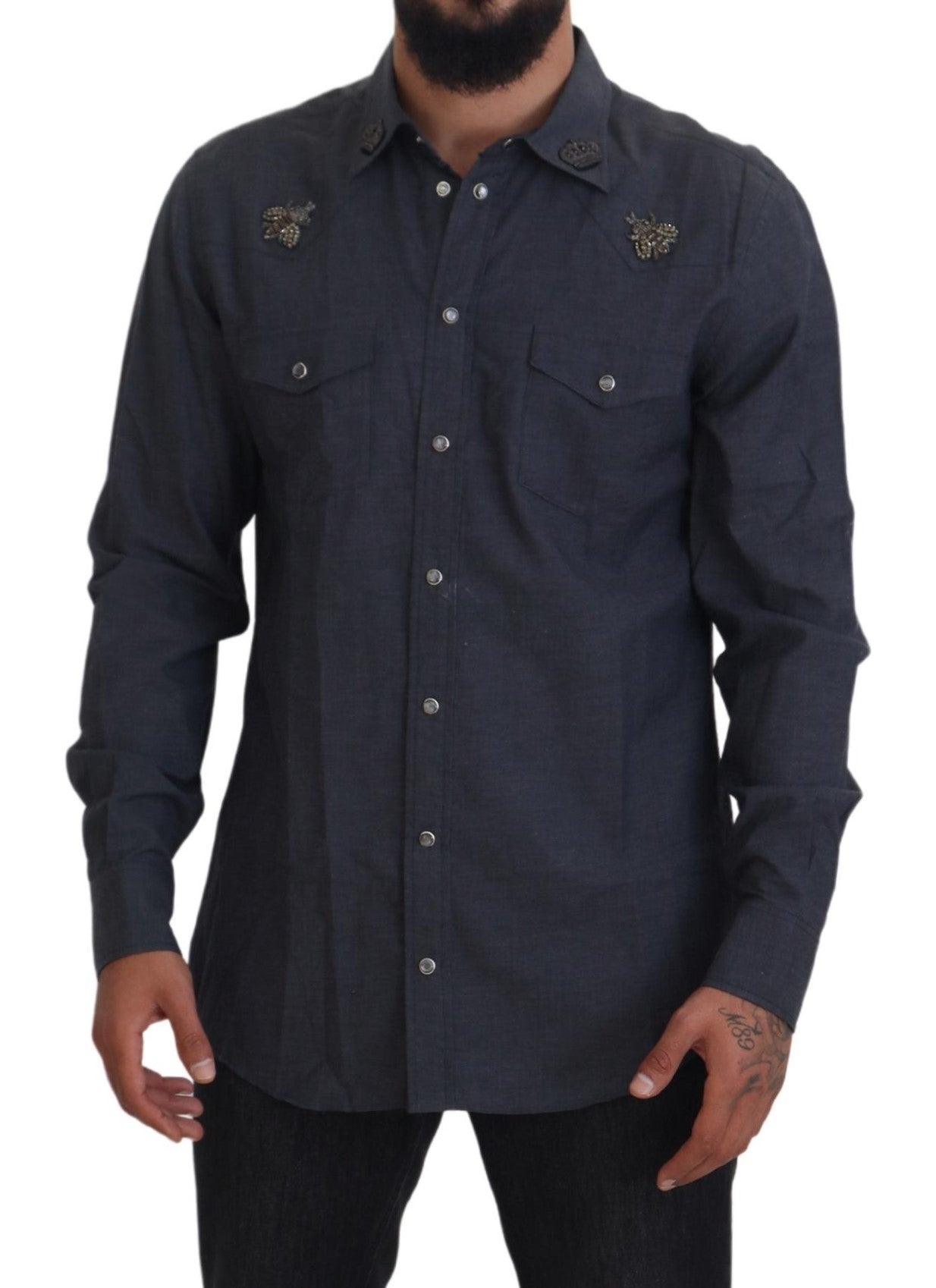 Chemise Dolce & Gabbana en jean de coton bleu avec abeille en cristal
