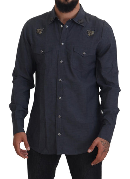 Chemise Dolce & Gabbana en jean de coton bleu avec abeille en cristal