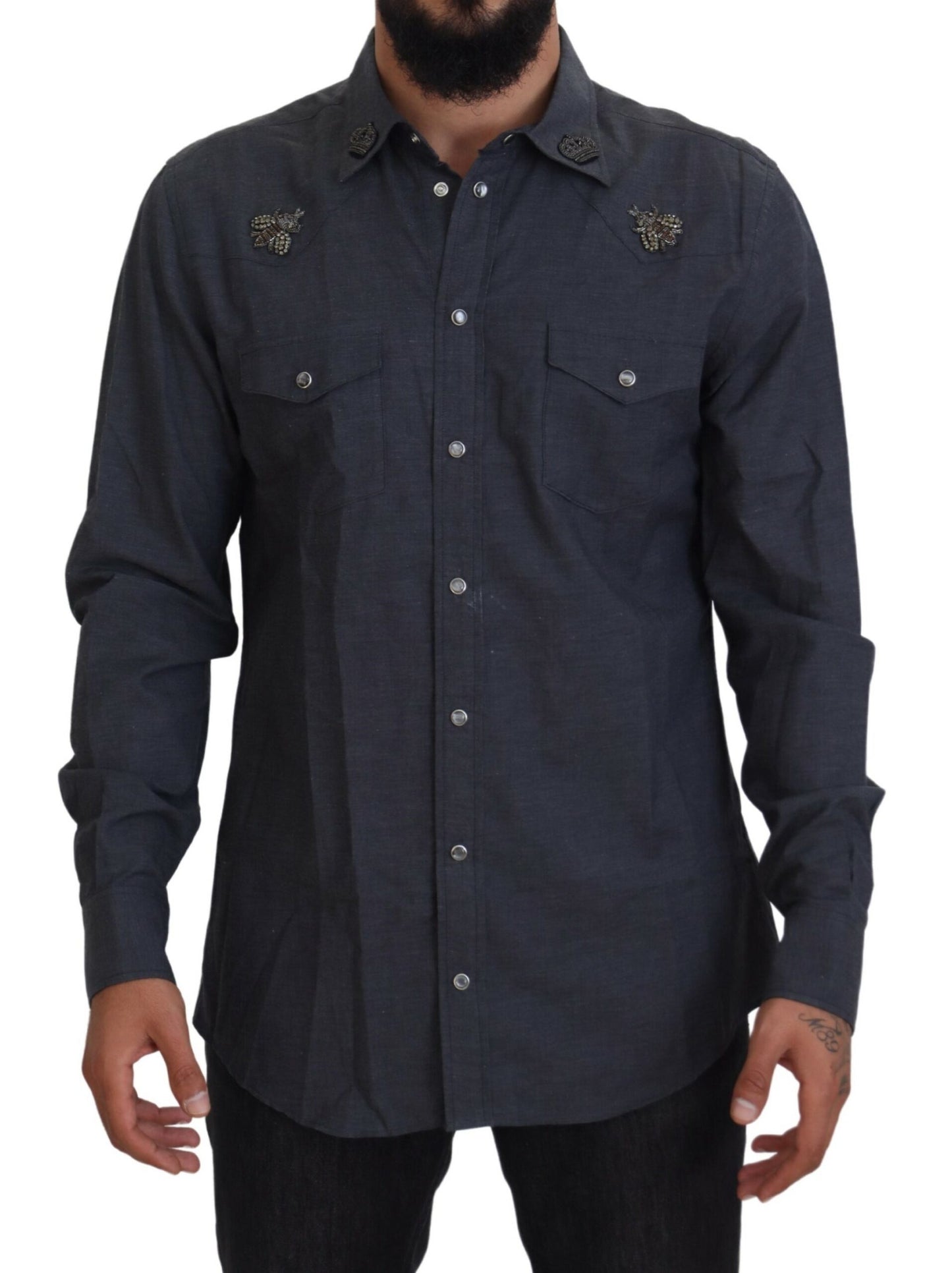 Chemise Dolce & Gabbana en jean de coton bleu avec abeille en cristal