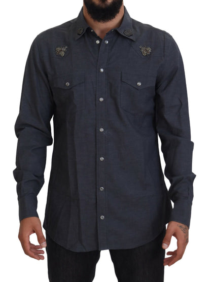 Chemise Dolce & Gabbana en jean de coton bleu avec abeille en cristal