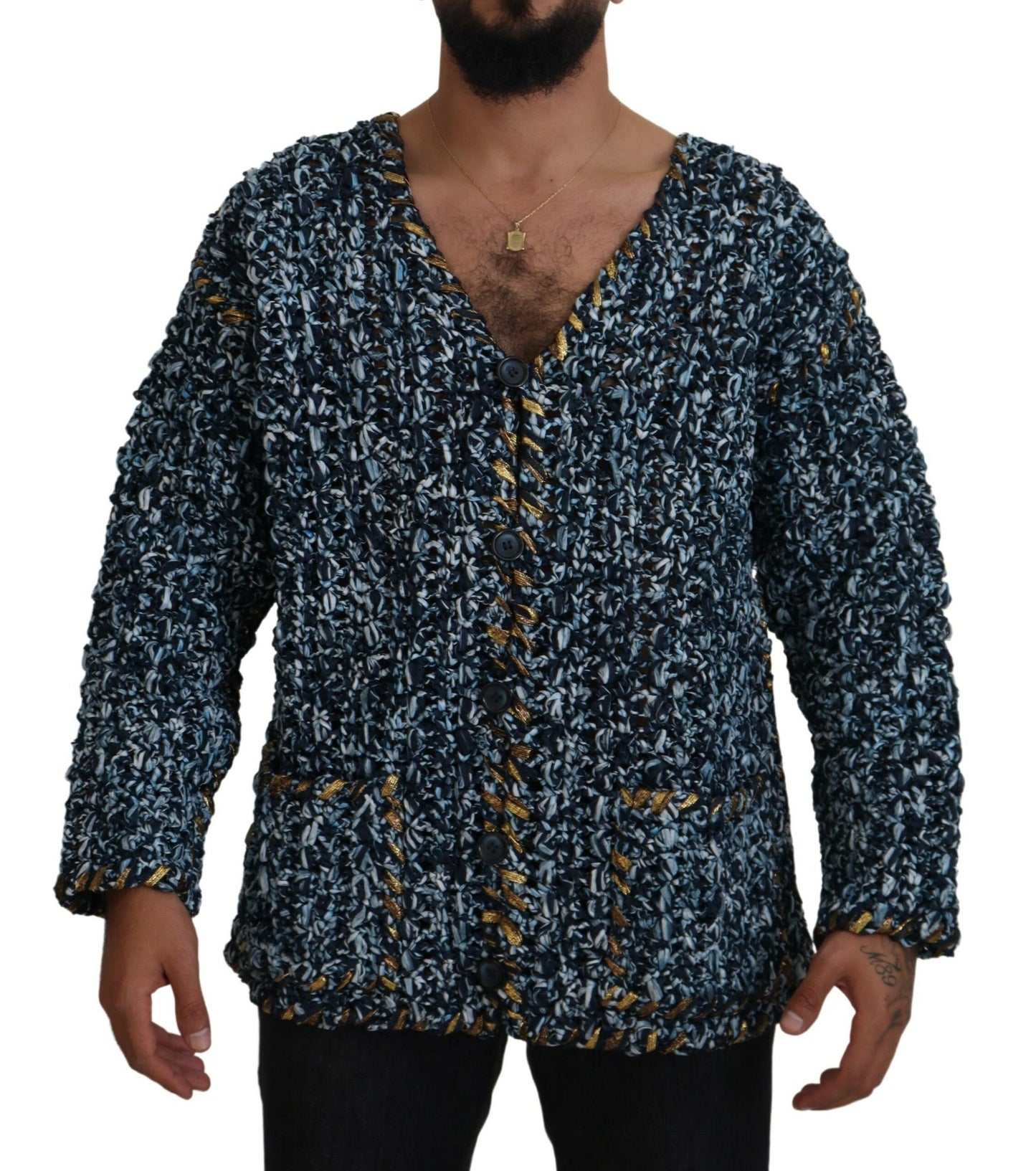 Cardigan boutonné bleu en maille fait main Dolce & Gabbana