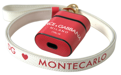 Étui AirPods Dolce & Gabbana en Cuir Rouge avec Bracelet à Logo en Métal Doré