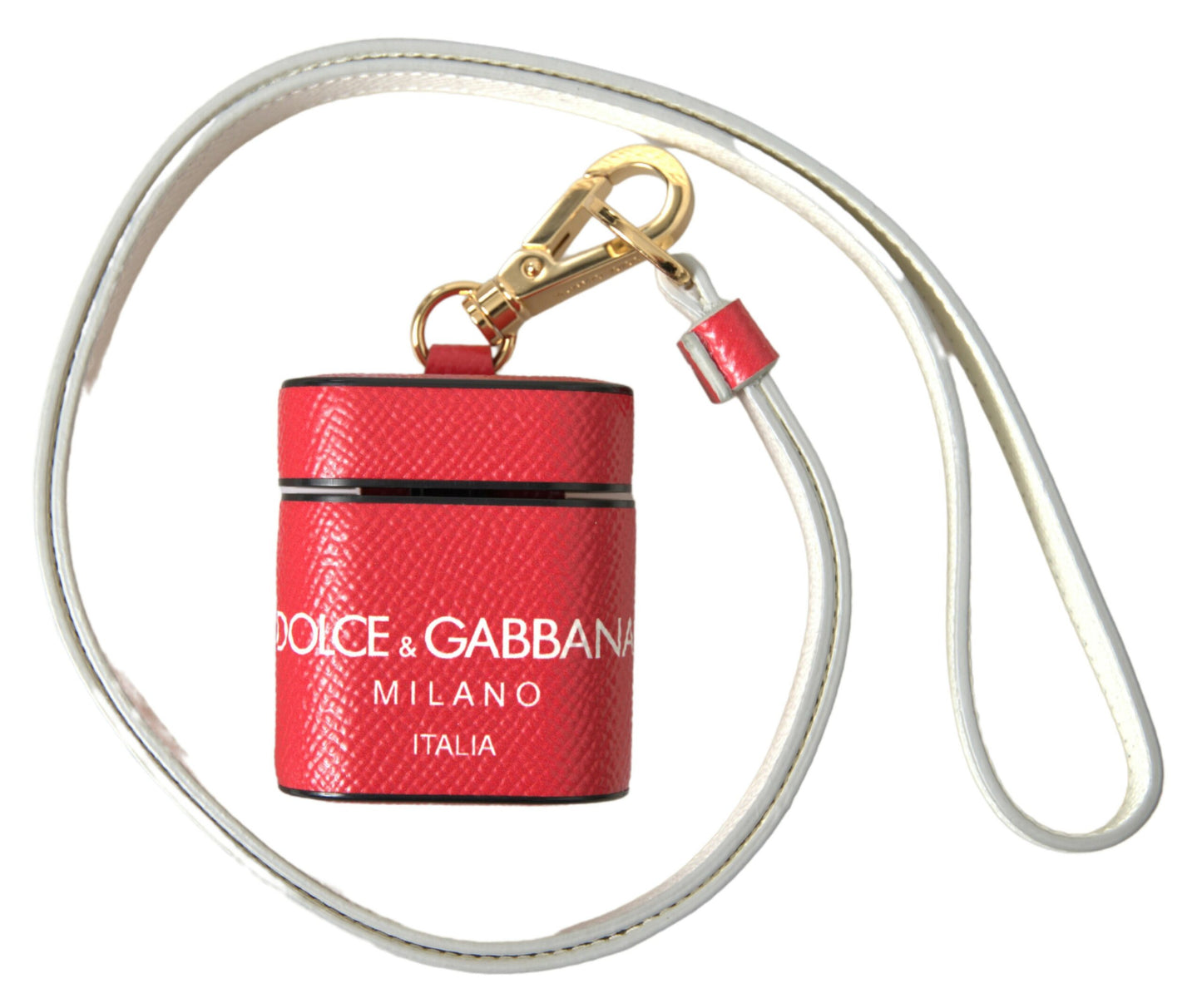 Étui AirPods Dolce & Gabbana en Cuir Rouge avec Bracelet à Logo en Métal Doré