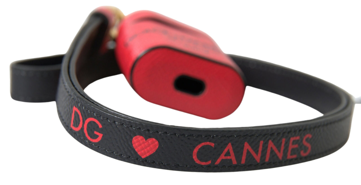 Étui AirPods Dolce & Gabbana en Cuir de Veau Rouge et Noir avec Sangle Imprimée Logo