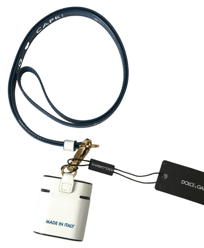 Étui Airpods Dolce & Gabbana en Cuir de Veau Blanc Bleu avec Sangle Imprimé Logo