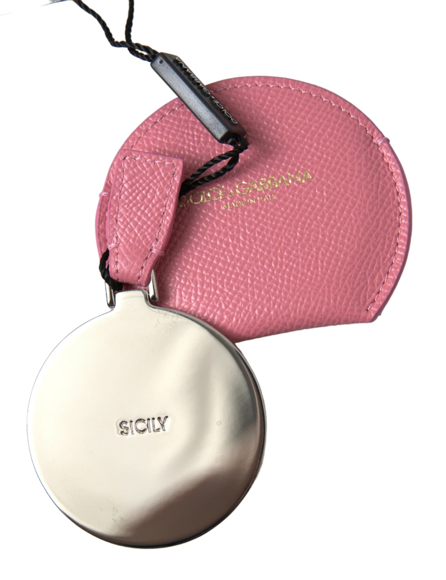 Porte-miroir de poche Dolce & Gabbana en cuir de veau rose avec logo rond imprimé