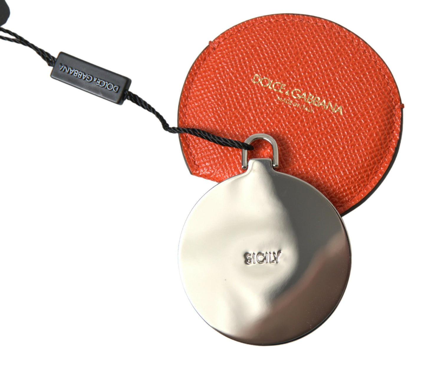 Miroir de poche rond avec logo Dolce & Gabbana en cuir de veau orange