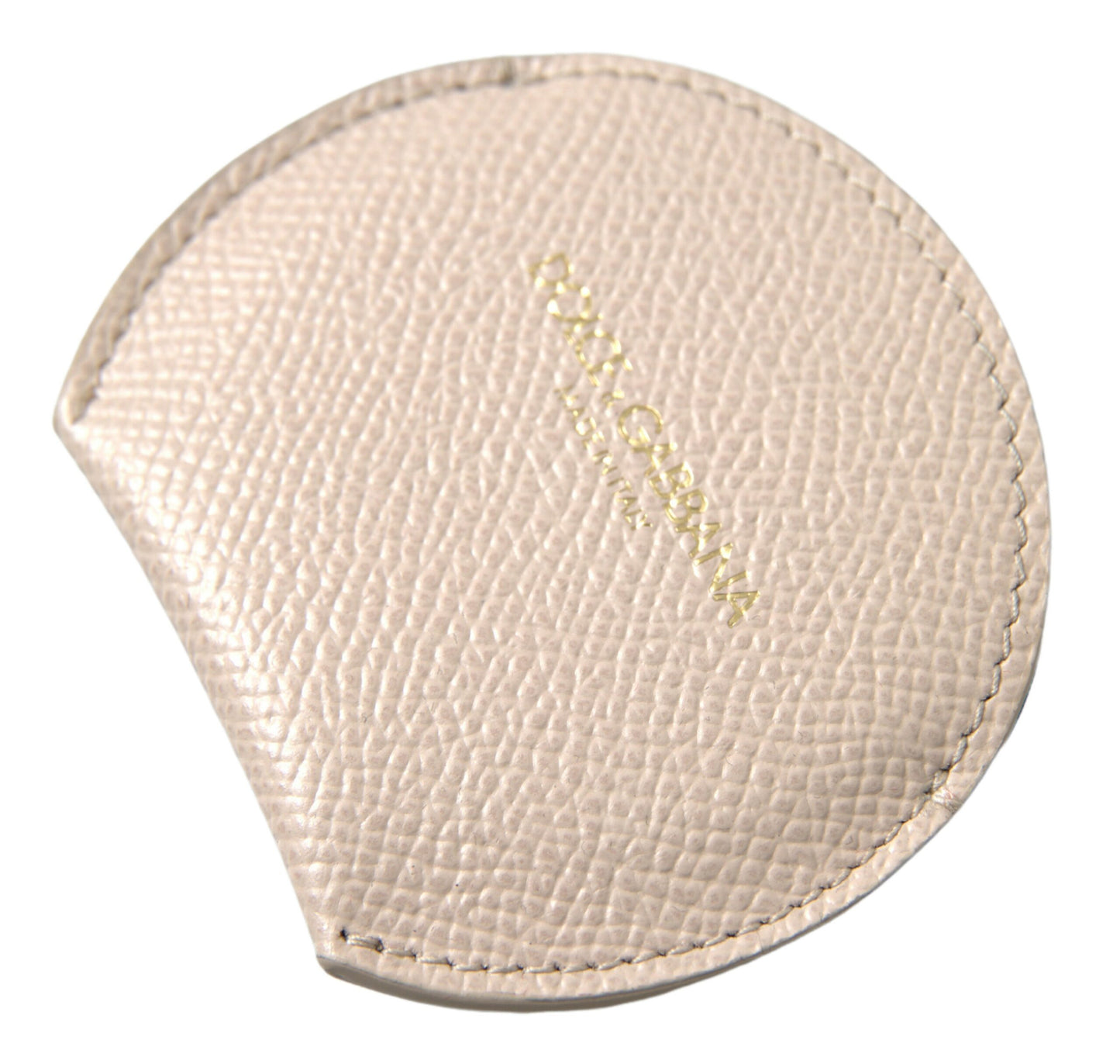 Support de miroir de poche rond en cuir de veau beige avec logo Dolce & Gabbana