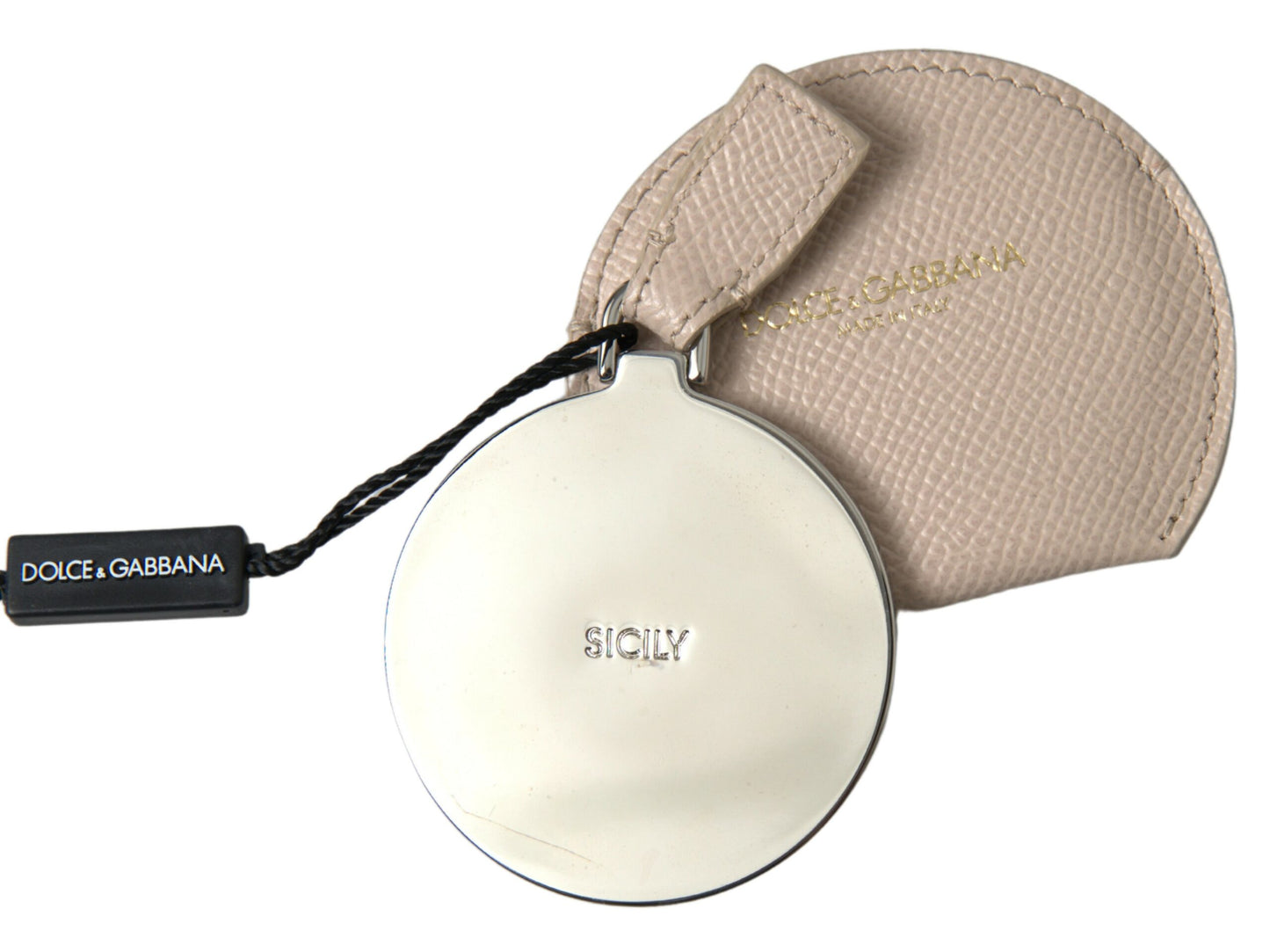 Support de miroir de poche rond en cuir de veau beige avec logo Dolce & Gabbana