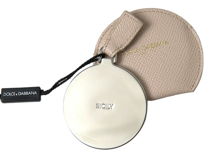 Support de miroir de poche rond en cuir de veau beige avec logo Dolce & Gabbana
