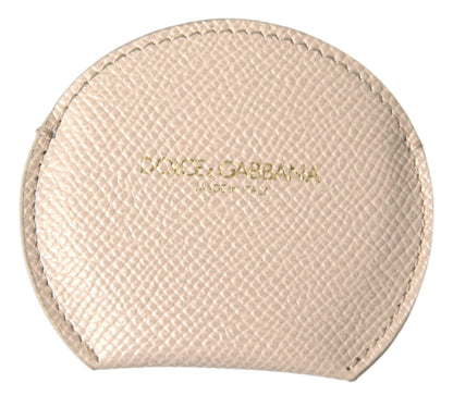 Support de miroir de poche rond en cuir de veau beige avec logo Dolce & Gabbana