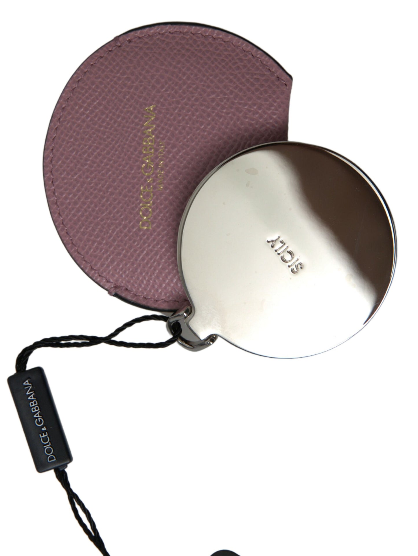 Porte-miroir de poche Dolce & Gabbana en cuir de veau rose avec logo rond imprimé