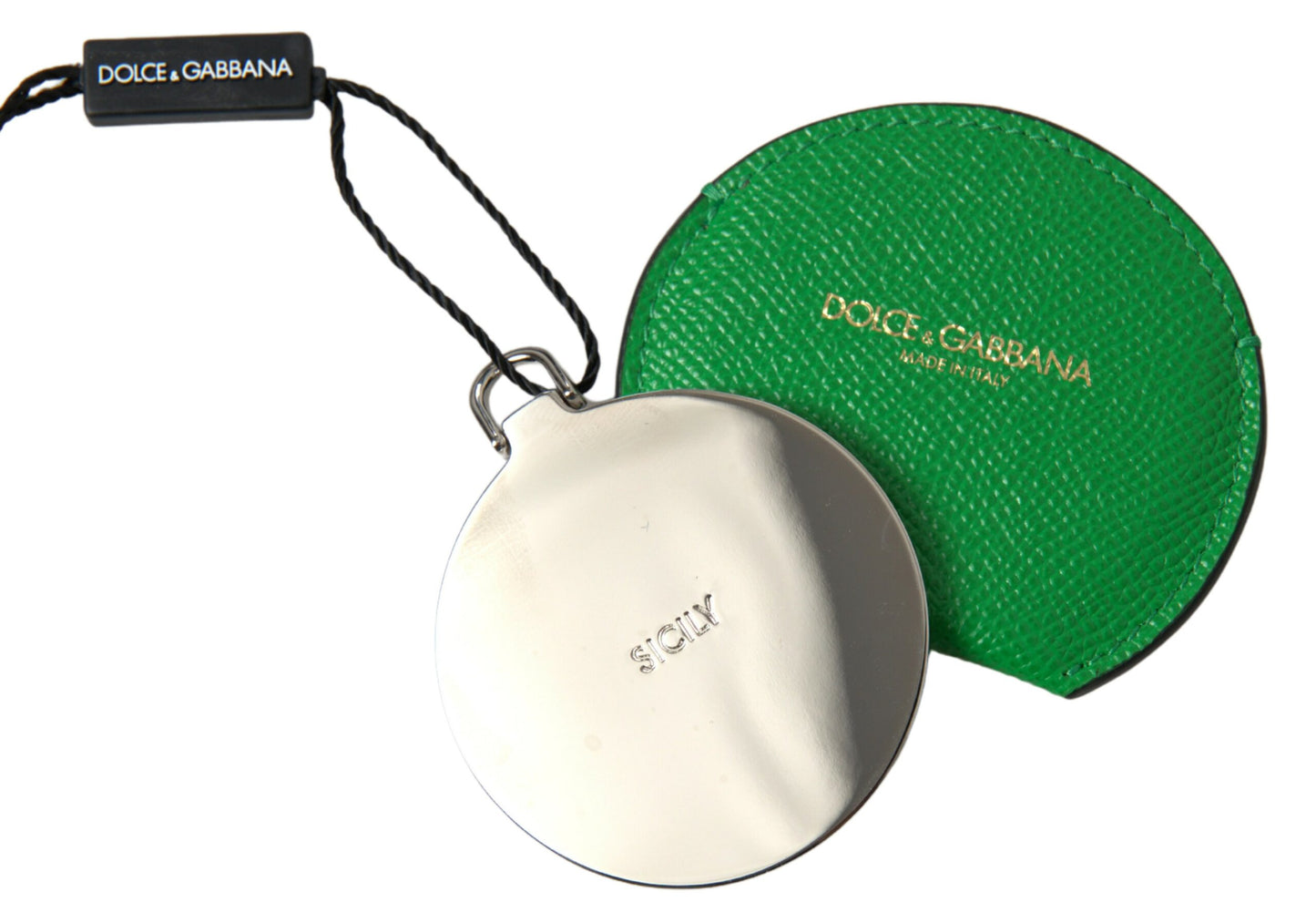 Étui de miroir de poche rond Dolce & Gabbana en cuir de veau vert avec logo