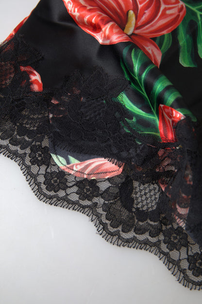 Dolce & Gabbana Débardeur Caraco en Soie Imprimé Anthurium Noir Sous-vêtement