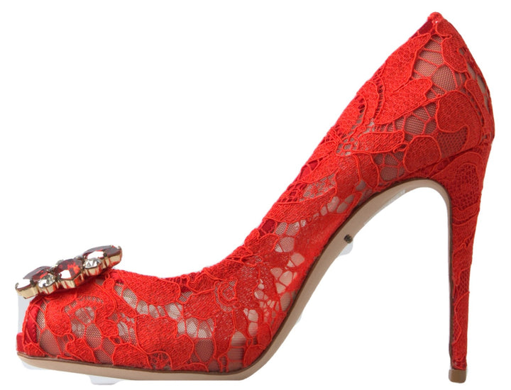 Chaussures à talons Dolce & Gabbana en dentelle Taormina rouge à cristaux