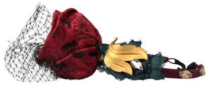 Serre-tête Dolce & Gabbana rouge en soie avec roses multicolores, cristaux et logo en résille