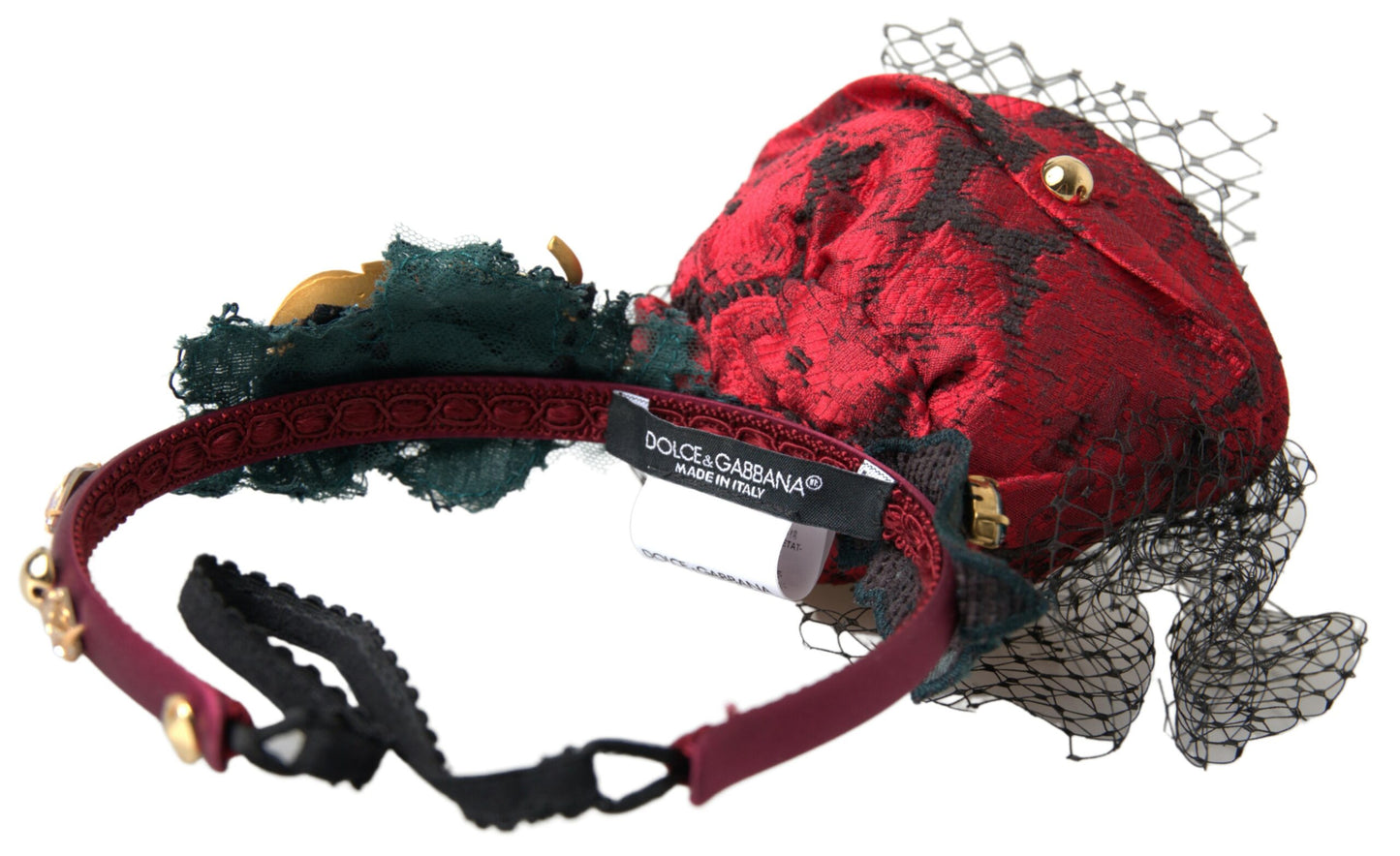 Serre-tête Dolce & Gabbana rouge en soie avec roses multicolores, cristaux et logo en résille