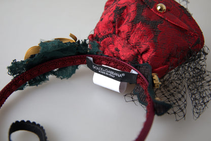 Serre-tête Dolce & Gabbana rouge en soie avec roses multicolores, cristaux et logo en résille