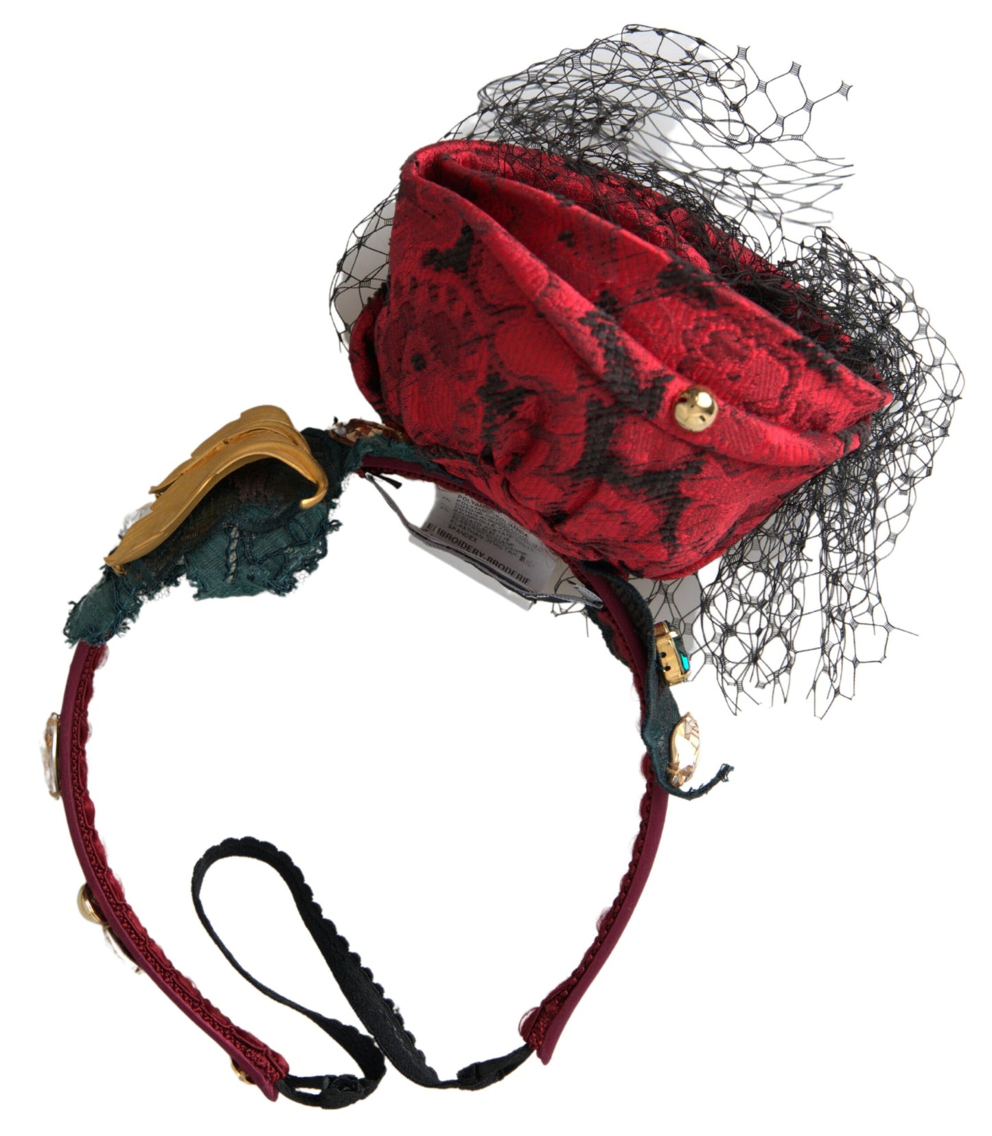 Serre-tête Dolce & Gabbana rouge en soie avec roses multicolores, cristaux et logo en résille
