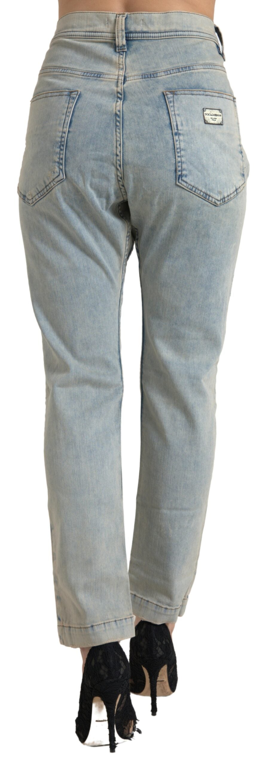 Jean slim taille mi-haute en coton délavé bleu Dolce & Gabbana