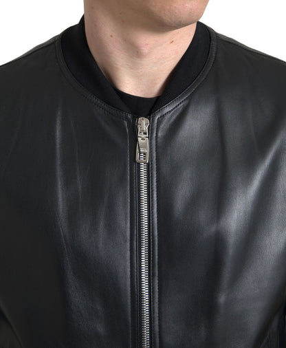 Veste Bomber Homme Dolce & Gabbana en Cuir Noir Entièrement Zippée