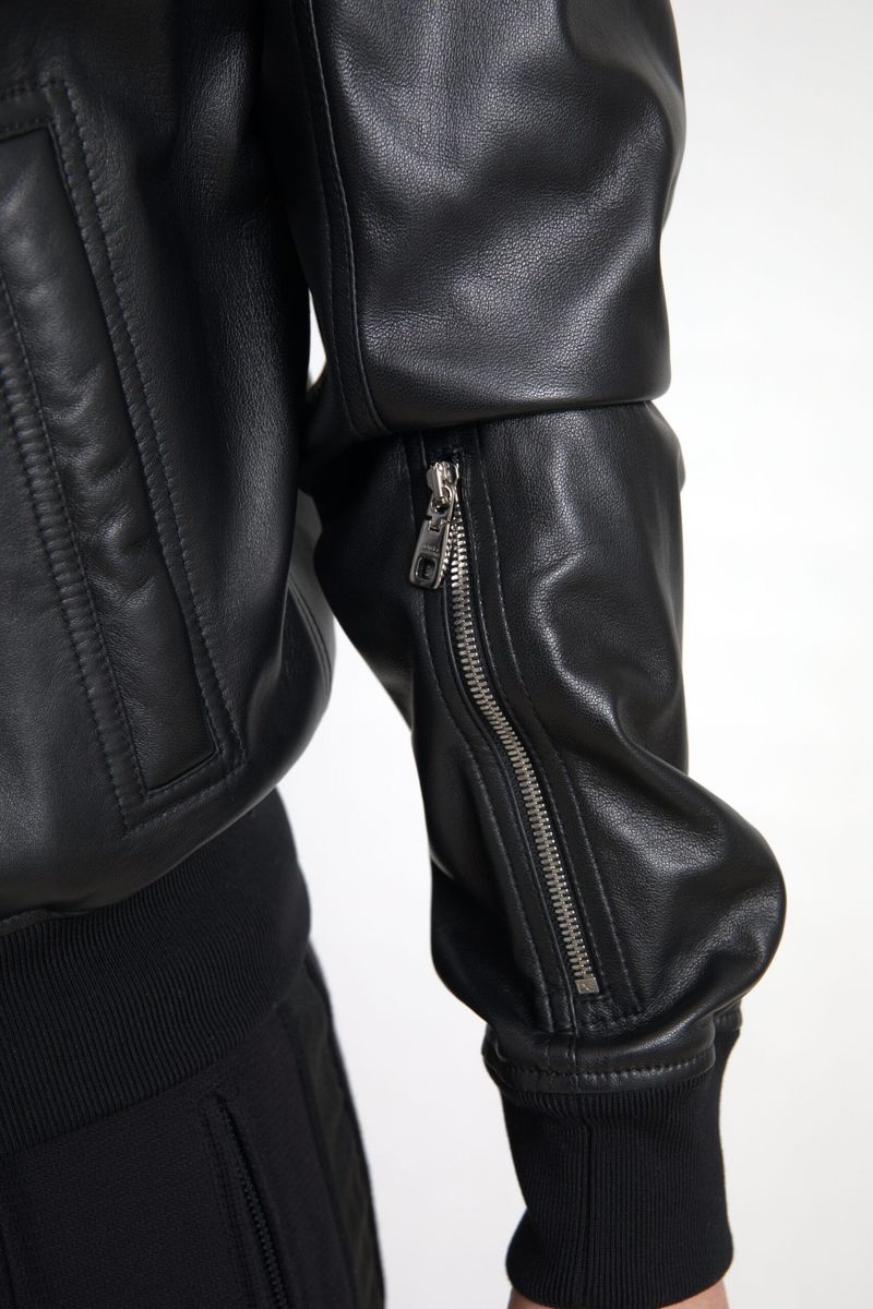 Veste Bomber Homme Dolce & Gabbana en Cuir Noir Entièrement Zippée