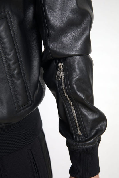 Veste Bomber Homme Dolce & Gabbana en Cuir Noir Entièrement Zippée