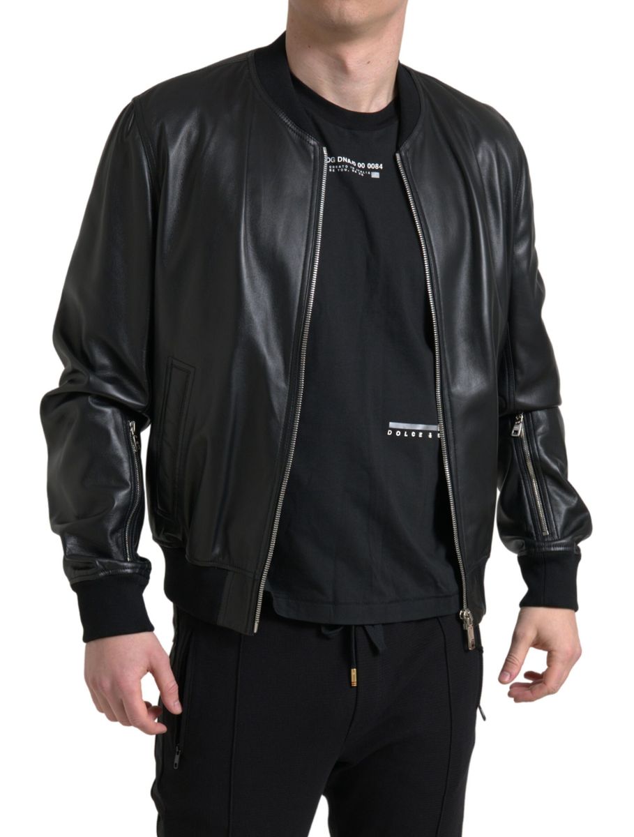Veste Bomber Homme Dolce & Gabbana en Cuir Noir Entièrement Zippée