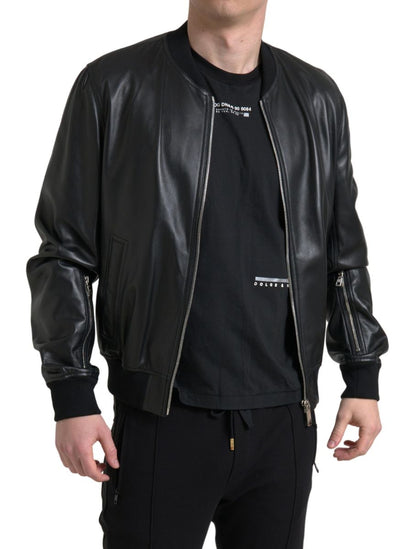 Veste Bomber Homme Dolce & Gabbana en Cuir Noir Entièrement Zippée