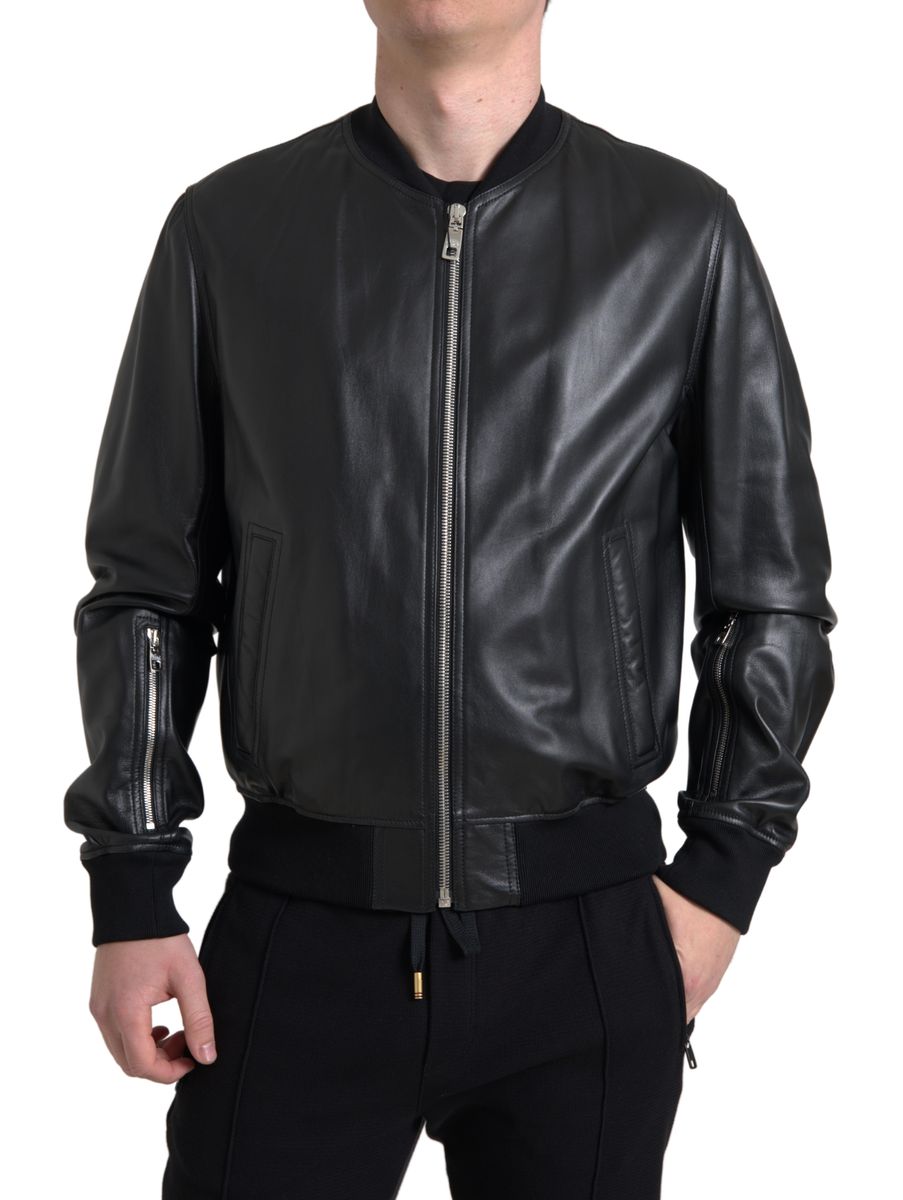 Veste Bomber Homme Dolce & Gabbana en Cuir Noir Entièrement Zippée