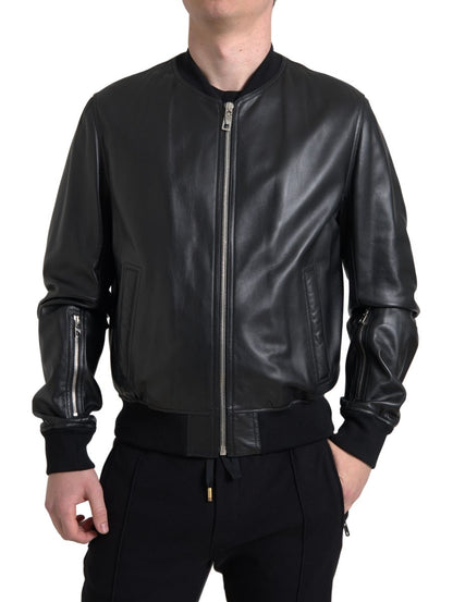 Veste Bomber Homme Dolce & Gabbana en Cuir Noir Entièrement Zippée