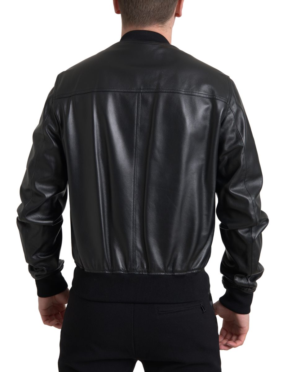 Veste Bomber Homme Dolce & Gabbana en Cuir Noir Entièrement Zippée