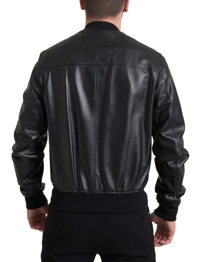 Veste Bomber Homme Dolce & Gabbana en Cuir Noir Entièrement Zippée