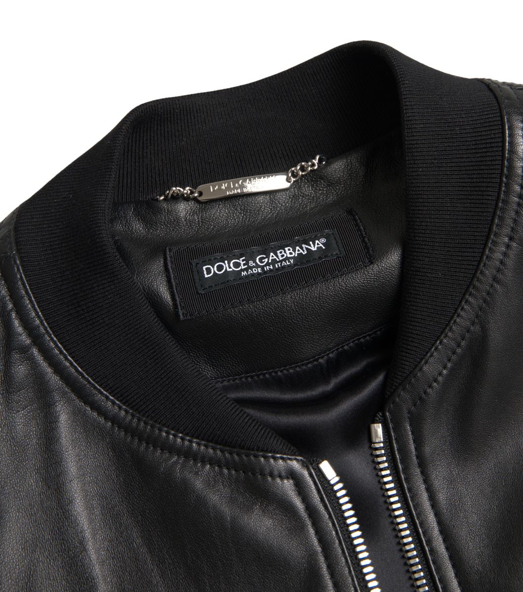 Veste Bomber Homme Dolce & Gabbana en Cuir Noir Entièrement Zippée