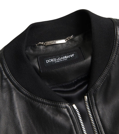 Veste Bomber Homme Dolce & Gabbana en Cuir Noir Entièrement Zippée