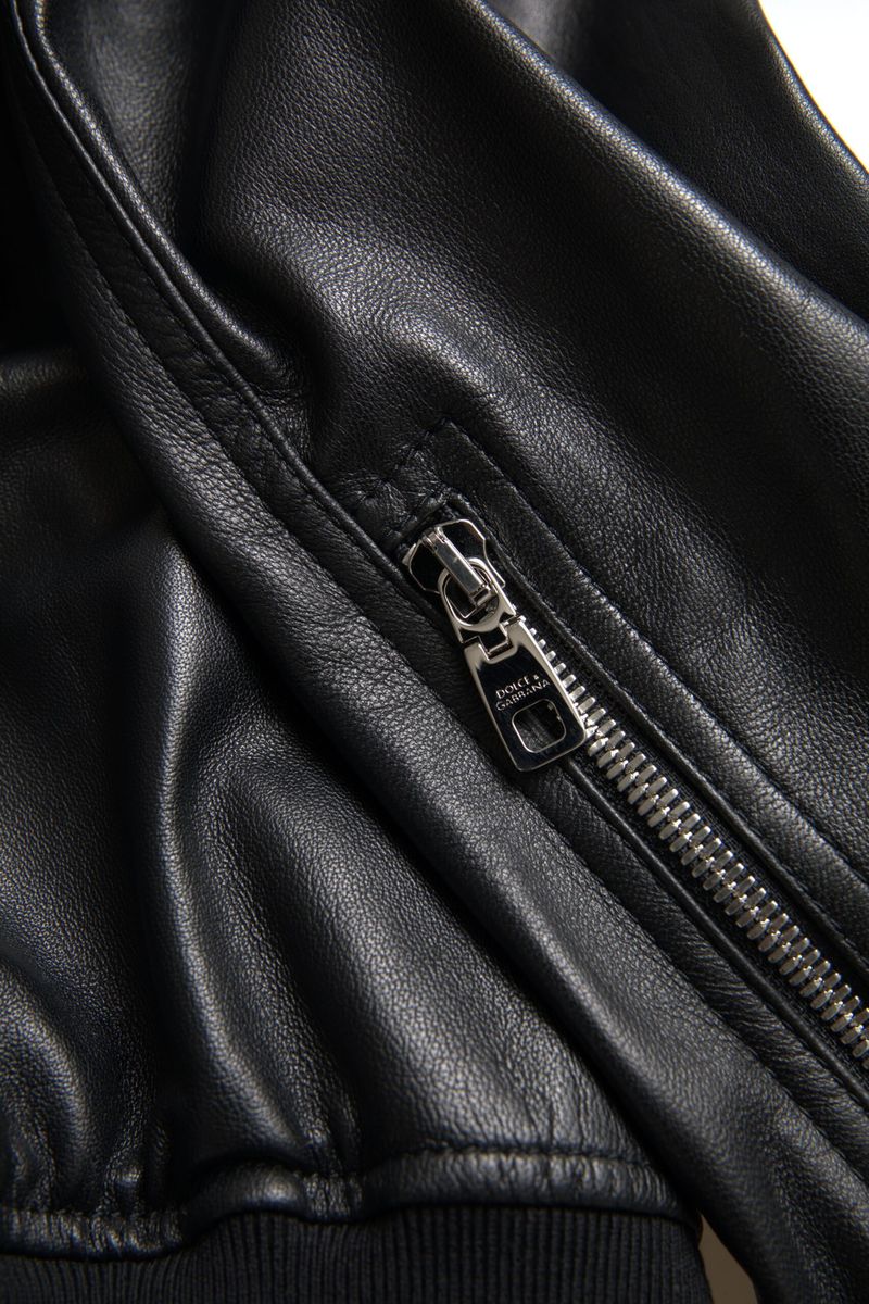 Veste Bomber Homme Dolce & Gabbana en Cuir Noir Entièrement Zippée