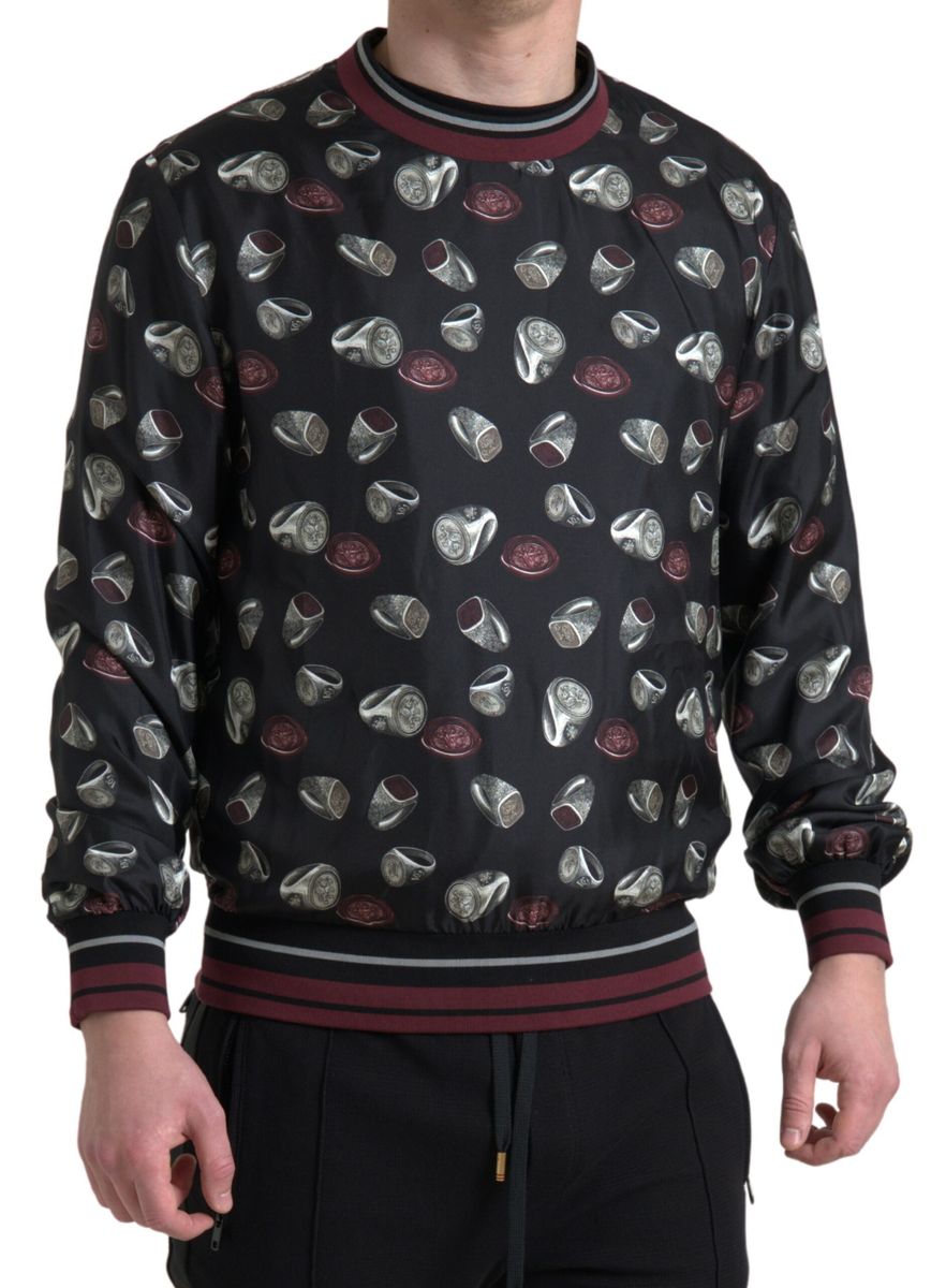 Sudadera Dolce & Gabbana negra de seda con cuello redondo y estampado de anillos